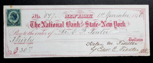 BANK CHECK 1876 NEW YORK STATE BANK OF NEW YORK Beautiful Revenue Stamp CC