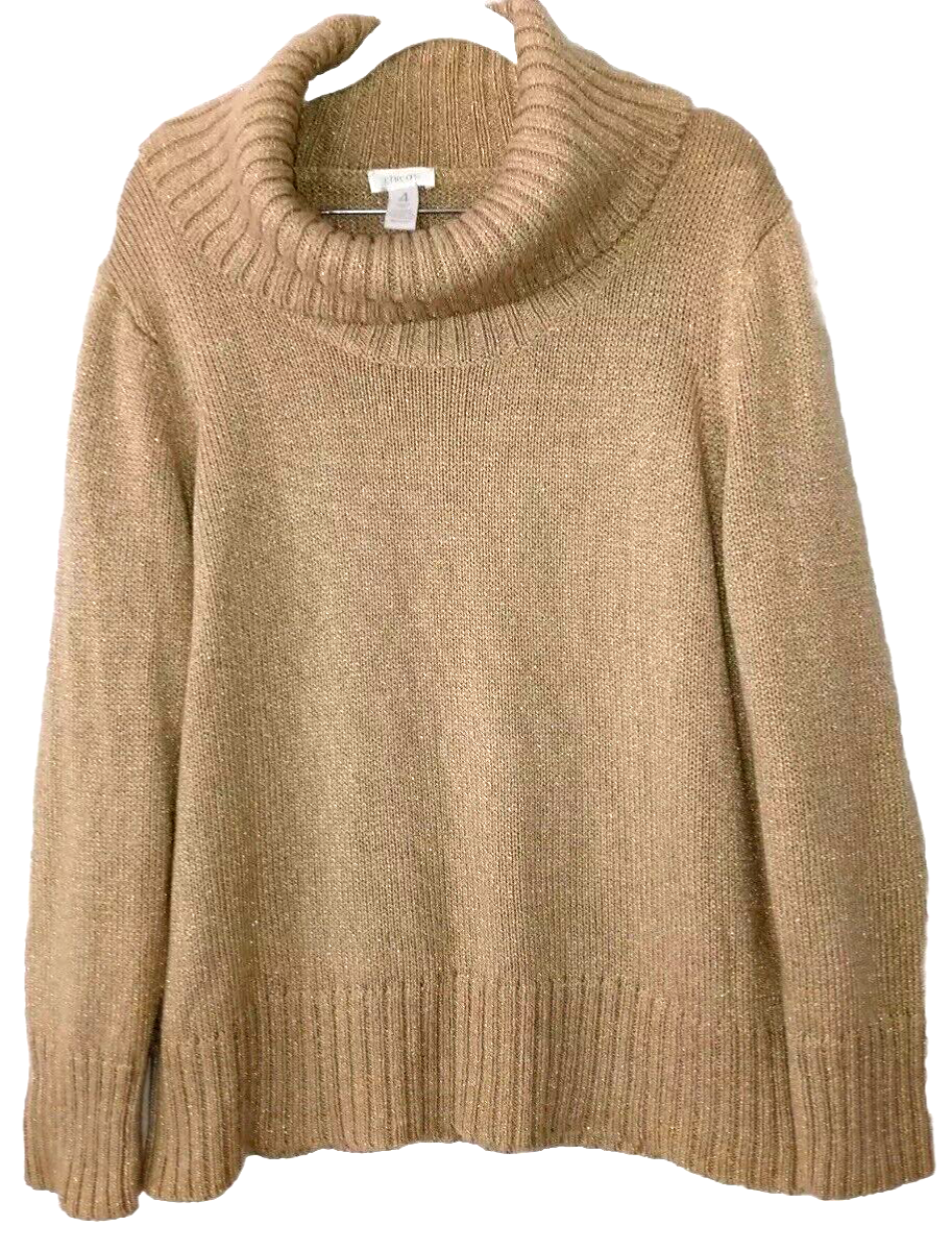 Chico's Sweater Gold Metallic Thread Beige Cowl Turtleneck