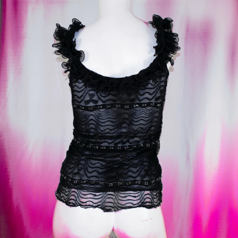 Camiseta sin mangas ROMY negra de encaje con ribete blanco de poliéster geométrico para mujer con volantes talla M Foto 4 de 4