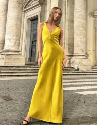 Zara Long Satin Slip V-Neck Dress ZW Collection Yellow M Medium
