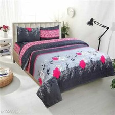 Flower Print Trendy Glace Cotton Double Bedsheet With 2 Pillow Covers R2