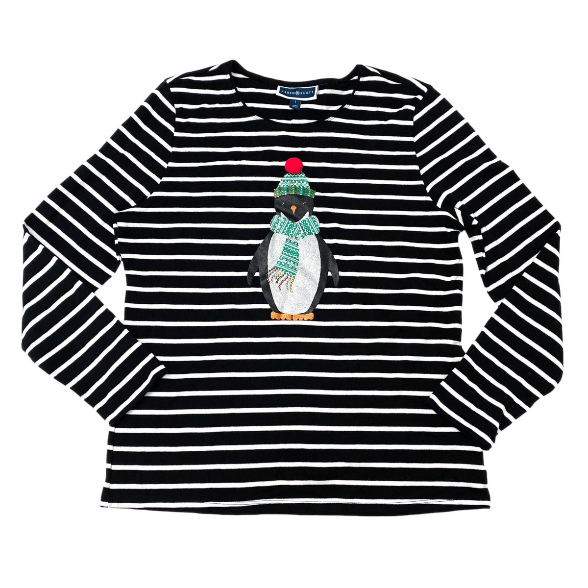 Karen Scott Womens Size L Jolly Penguin Graphic Striped Top Deep