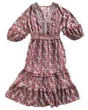 Max Studio Red Grey Pink Floral 3/4 Sleeve Ruffle Tiered V-Neck Shift Dress M