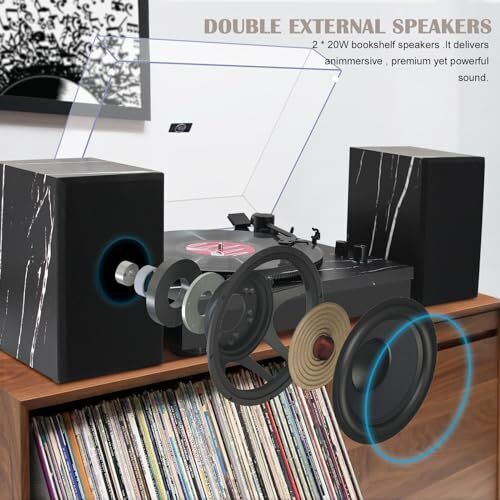 Vinyl Record Player, Record Players for Vinyl with Speakers, Black Marble - Picture 3 of 7