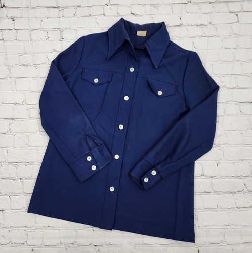 Vintage 70er Disco Polyester Hemd mit großem Schmetterlingskragen Mod M blau