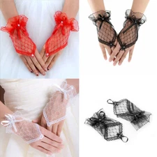 Womens Short Lace Half Finger Gloves Bridal Wedding Fingerless Bowknot Accessory