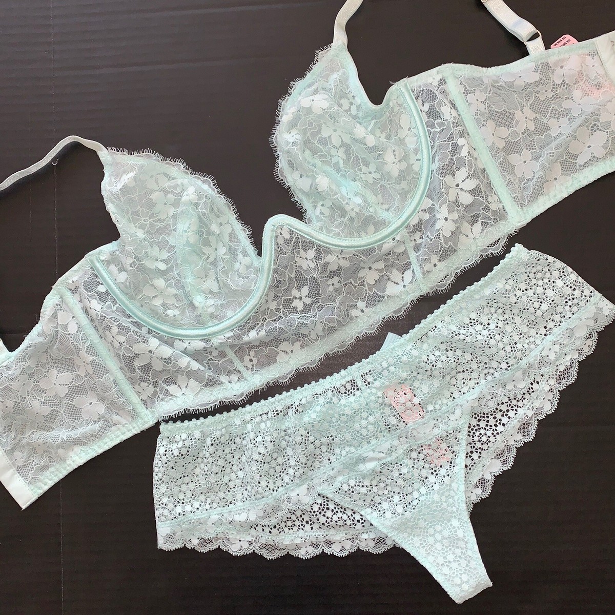 Victoria's Secret longline unlined 34D,34DD BRA SET M thong AQUA