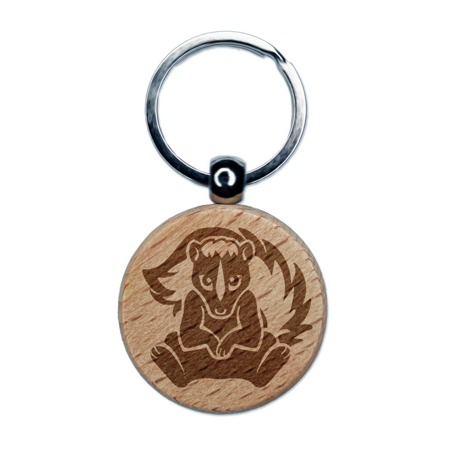 Sweet Skunk Sitting Engraved Wood Round Keychain Tag Charm