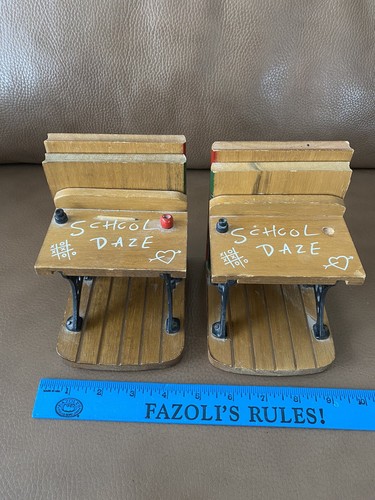 Vintage ~ School Desk Bookends ~ Wood/Metal ~ Pair ~ 1970s - Picture 3 of 10