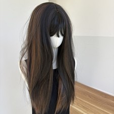 Schwarzbraun Anziehperücke With Bangs Hitzebeständiges Kunsthaar Long Straight