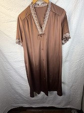 Vintage 60s 70s JCPenney Satin Robe Large Brown Nylon Lace Accent Bow Read