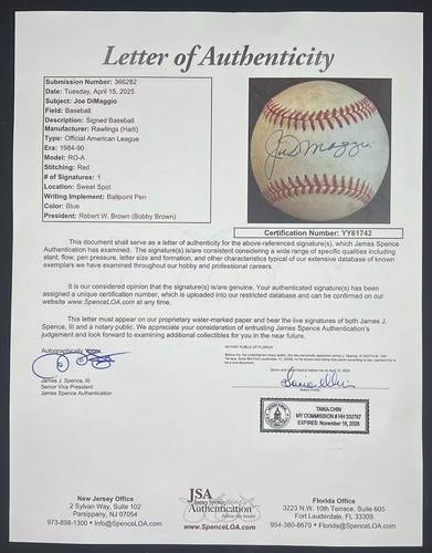 Joe DiMaggio Signed Rawlings American League Baseball JSA LOA New York Yankees - Picture 2 of 3