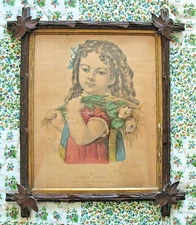 Currier Ives Little Daisy Lithograph Mahogany Wood Adirondack Frame Under Glass