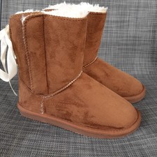 Apres Youth Girls Boots Size 4Y Faux Fur Hook-Loop Bow Lace Brown Fur Lined