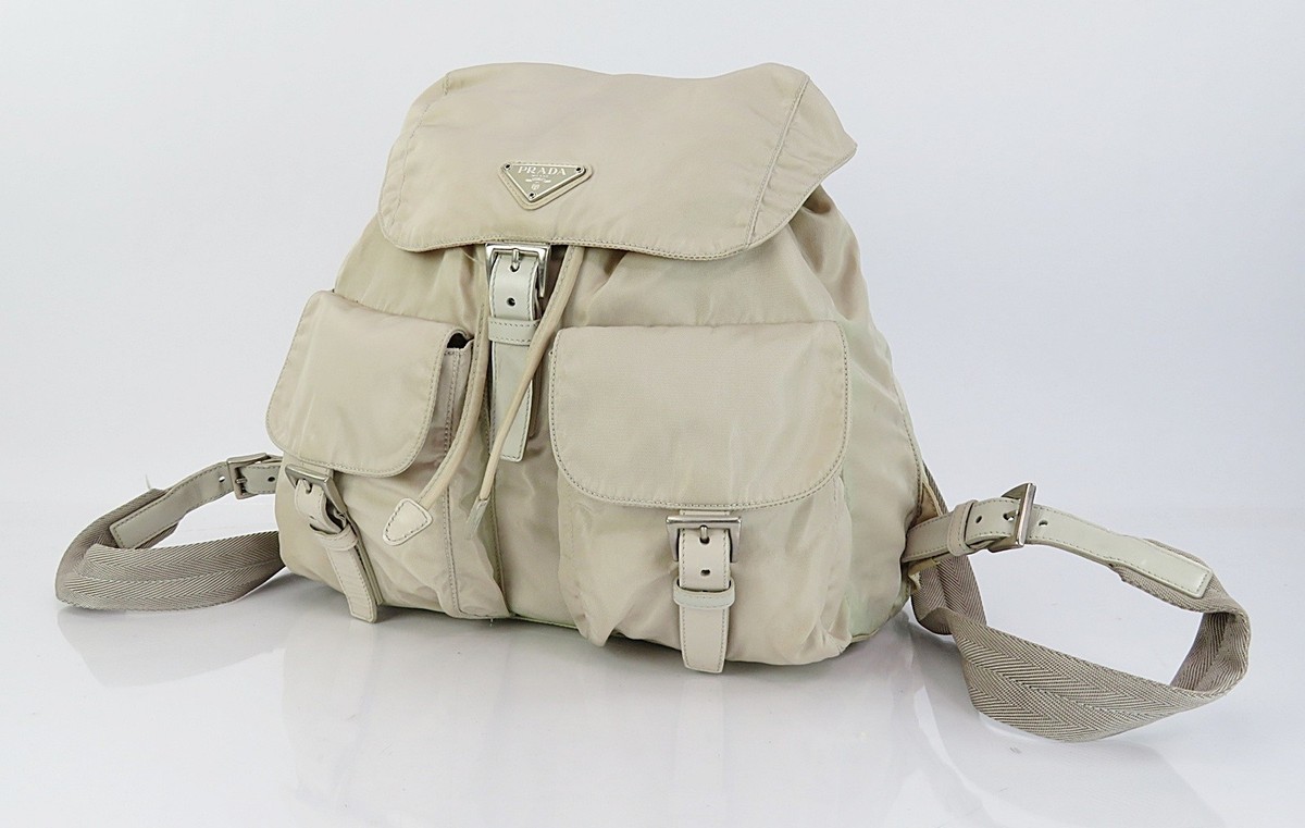 Authentic PRADA Beige Nylon and Leather Backpack Bag Purse #61778