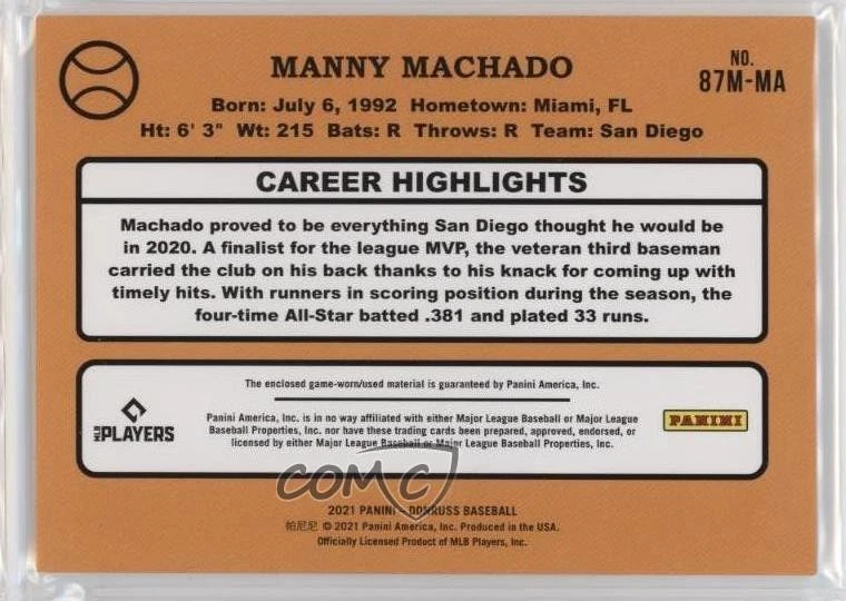 2021 Panini Donruss Retro 1987 Materials Red /99 Manny Machado #87M-MA - Image 2 of 2