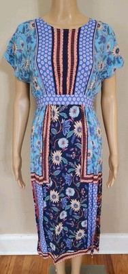 Anthropologie Kachel Dress Size 10 Blue Floral Color Block Side Bottom Slit 