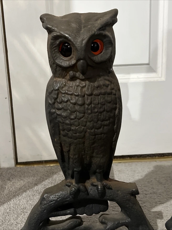 Vintage Rare Cast Iron Fireplace Andirons Owl Set With Original Glass Eyes 407E - Image 3 of 4