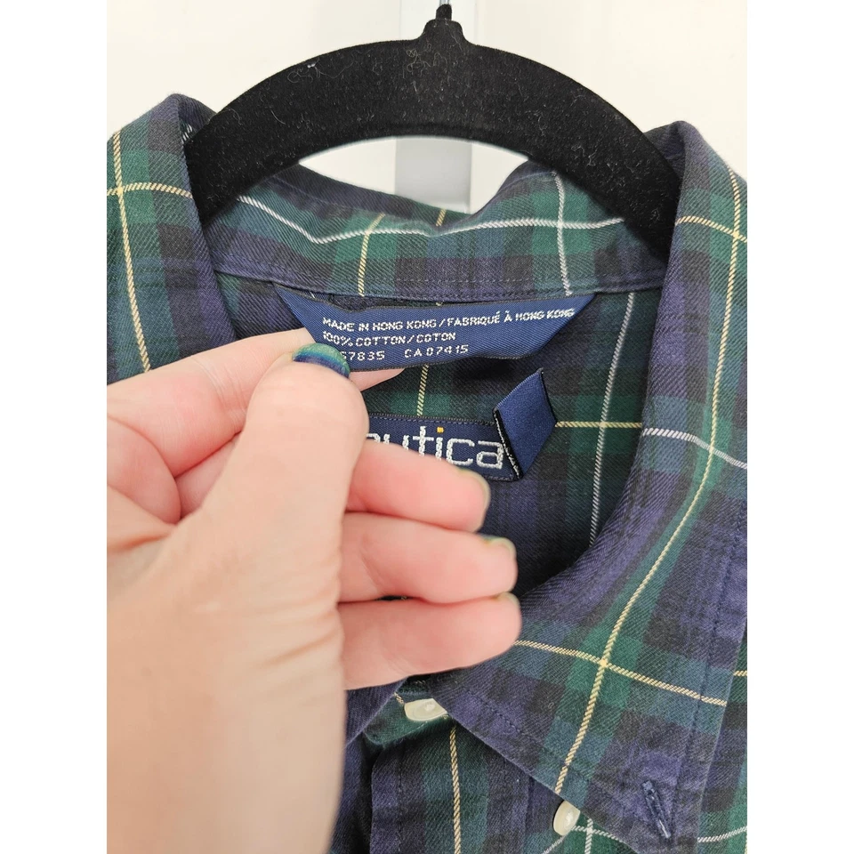 Camisa xadrez masculina vintage náutica tamanho XXL manga longa com botões azul verde 100% algodão - Imagem 4 de 4