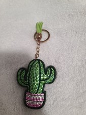 Mint Rhinestone Cactus Keychain Bag Charm Silver Tone Green Crystal Sparkle