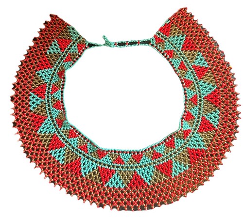 Vintage Seed Beaded Bib Necklace Handmade Native American Teal Red Gold - Picture 4 of 7