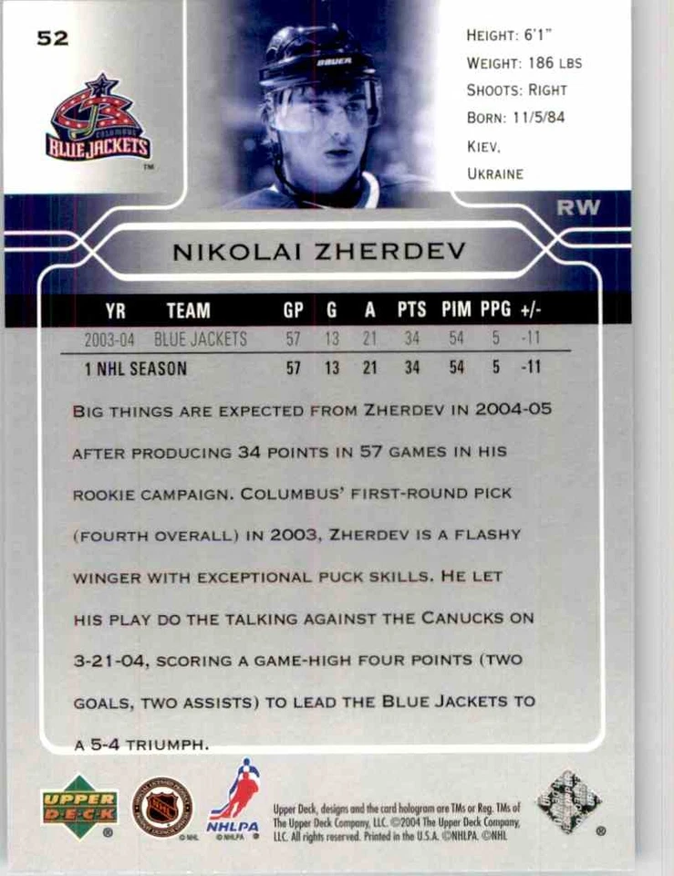 2004-05 Upper Deck Nikolai Zherdev #52 - Image 2 of 2