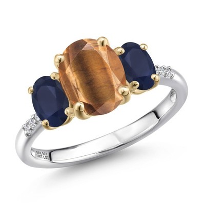 925 Silver and 10K Yellow Gold Brown Tiger Eye and Sapphire and Lab Grown