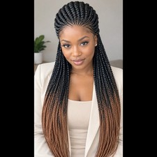 Braided Wig Feed-In Cornrows Lace Closure Glueless 44" Auburn Black Ombre Long