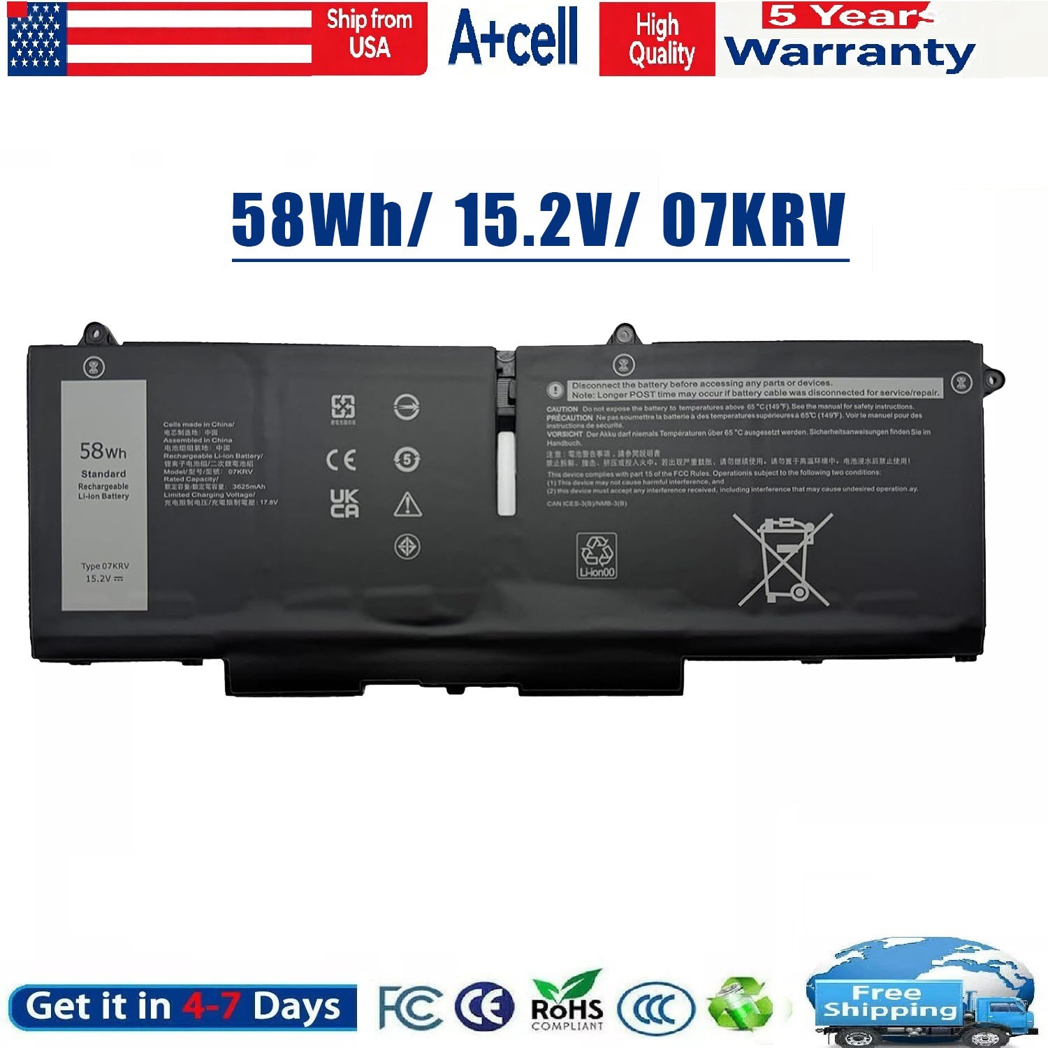 58Wh 07KRV FK0VR Battery For Dell Latitude 5330 5430 5530 7430 Precision 3570
