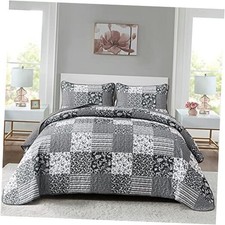 Boho Quilt Set Size,3 Pieces Plaid Floral Bedspread Coverlet Queen Black Grey