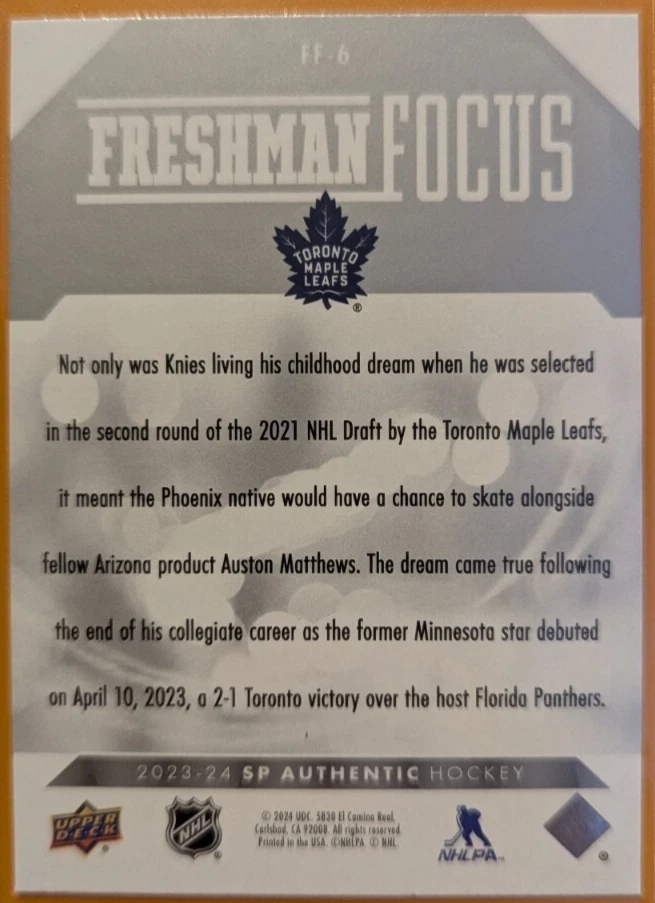 2023-24 Upper Deck SP Authentic #FF-6 Matthew Knies Freshman Focus Rookie - Image 2 of 2