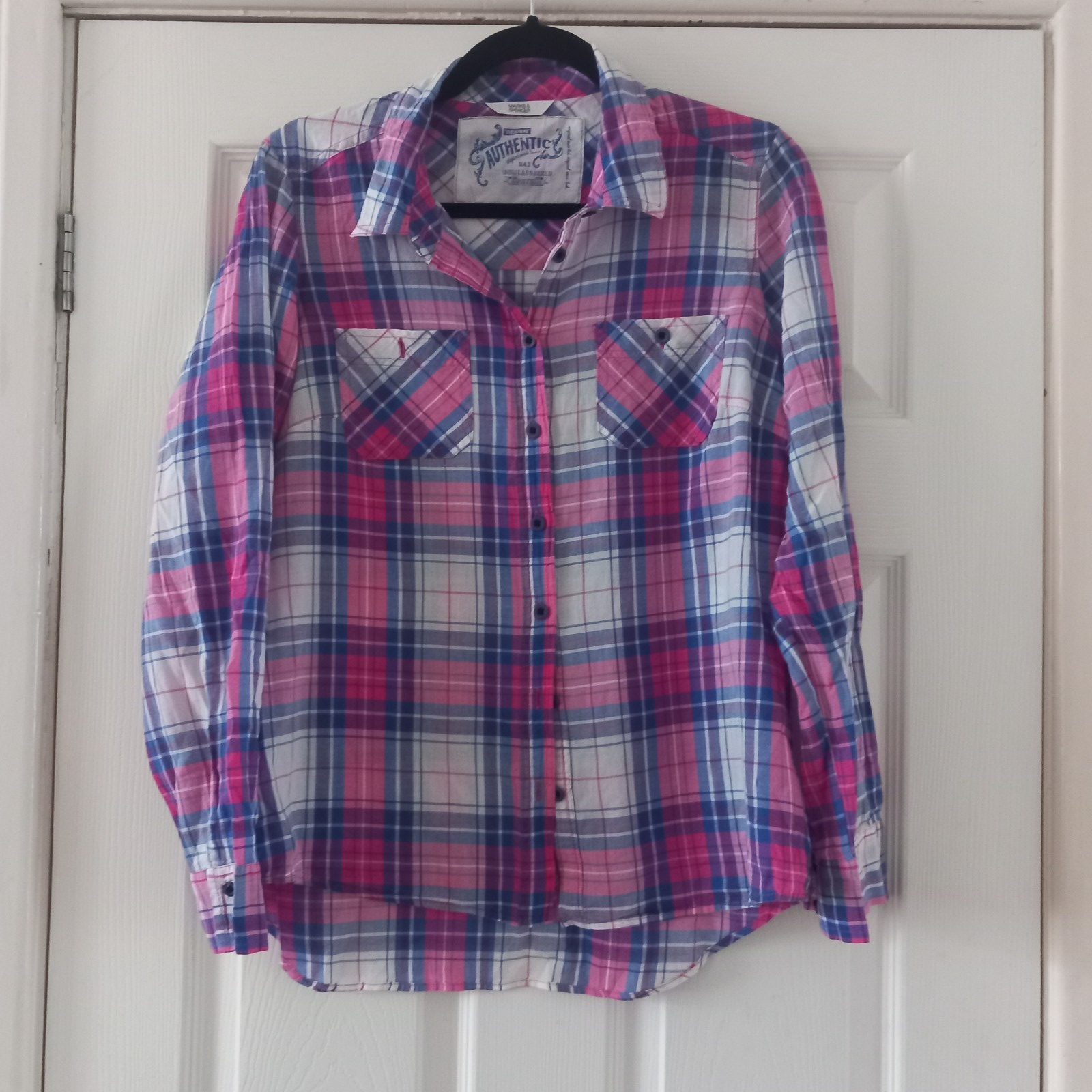 Women's M&S Pink Blue Check Long Sleeve Blouse UK Size 12