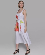 KARL LAGERFELD Women's Floral-Print Linen-Blend A-Line Dress White Size 10 $189