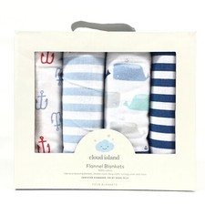 Cloud Island Baby Flannel Blankets Blue Nautical Striped Whales 30 x 30" 4 Pack