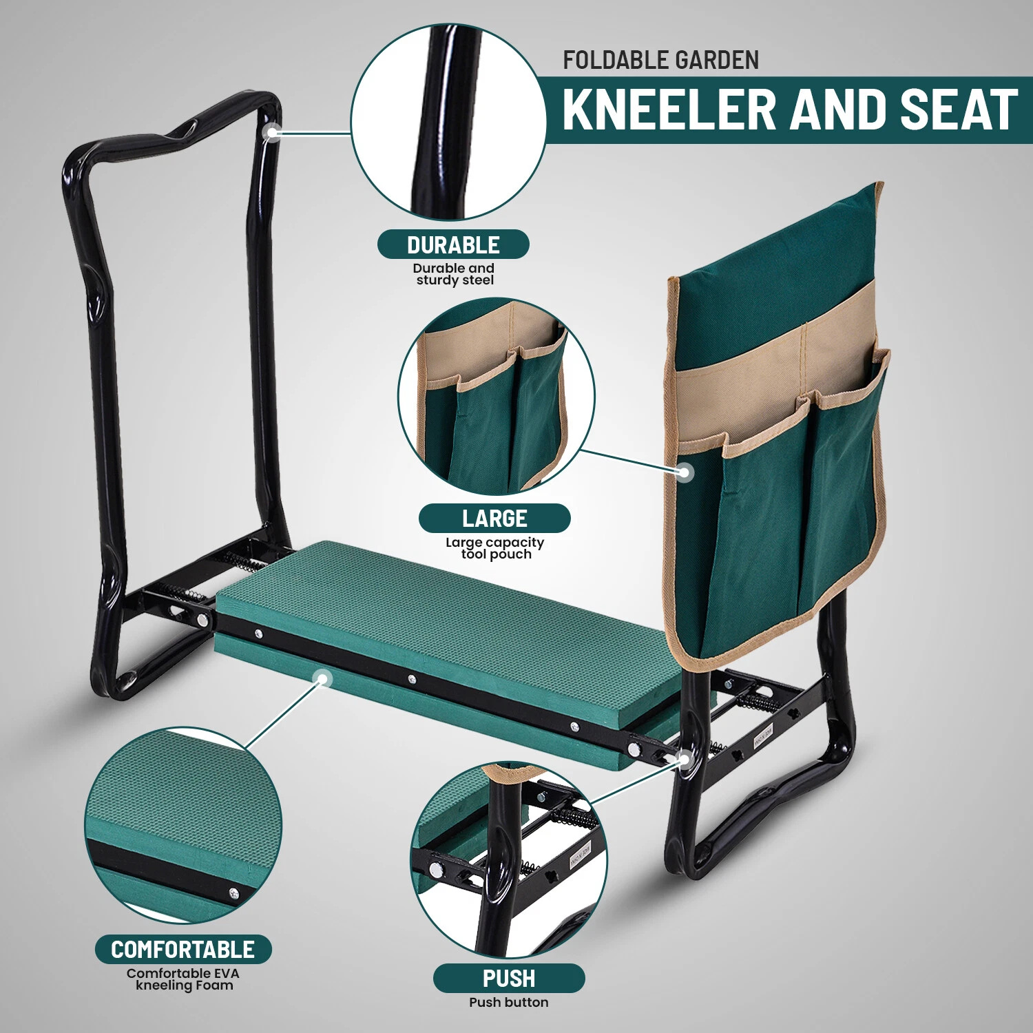 Detailed view of the folding garden kneeler and integrated storage pouch