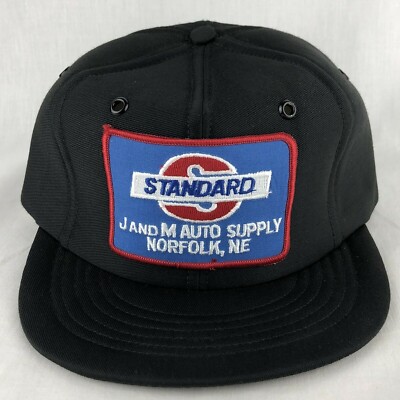 J And M Standard Auto Supply Patch SnapBack Cap Hat USA Black Vtg Norfolk Nebr