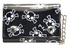 Skull Crossbones Tri-Fold Biker Chain Wallet With Chain Patent Leather Halloween