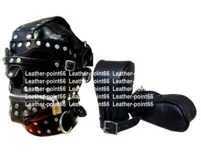 Real Leather Bondage Hood Gimp Mask /Blindfold &Locking Mouth Zip And Fist Mitts