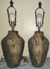 Pair 2 Stoneware Pottery Zebra Head Horse Lamp 3D Embossed Table Lamp