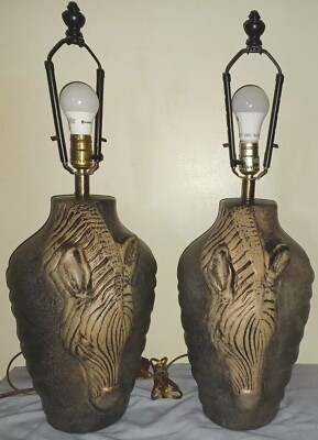 Pair(2) Stoneware Pottery Zebra Head Horse Lamp 3D Embossed Table Lamp