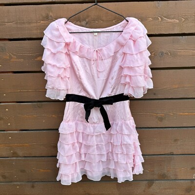 SAMPLE For Love & Lemons Danali Pink Ruffled Velvet Bow Lolita Mini Dress S READ