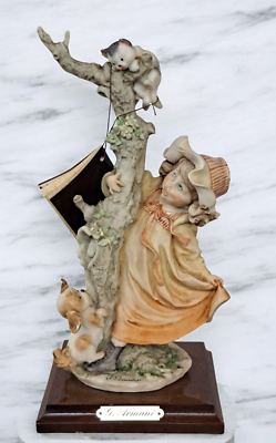 Giuseppe Armani Girl with Dog Chasing Cat up Tree Figurine Italy