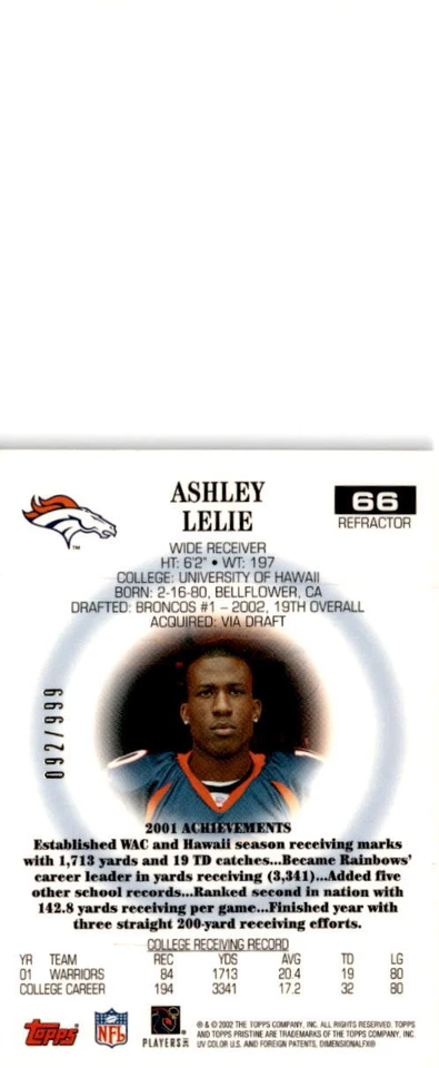 2002 Topps Pristine #66 Ashley Lelie Refractors #/999 - Image 2 of 2