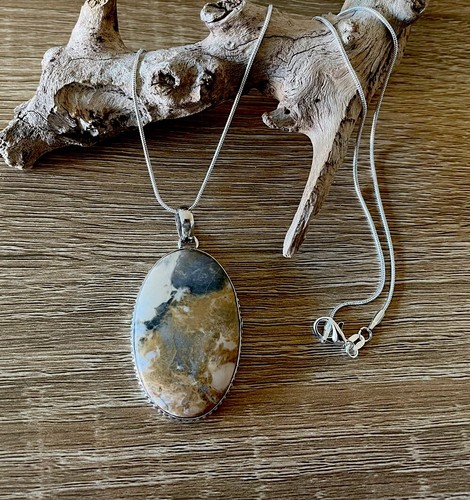 Maligano Jasper Oval Gemstone Pendant Necklace -925 Sterling Silver plated - Picture 2 of 4