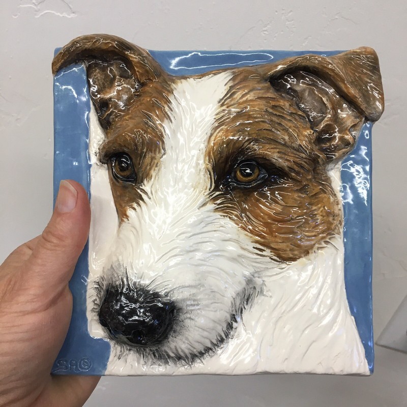 Jack Russell Wirehair Terrier Ceramic dog tile bas-relief handmade Alexander Art