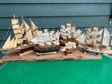 Lot of 5 Vintage Hand Built & Painted Wood Model Sailing Ships Cloth Sails