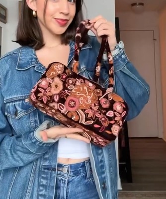 Zara Embroidered Sequinned Velvet Shoulder Bag Brown Tan Pink 6376