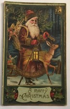 Embossed Christmas Postcard Series 16 Santa in Purple Suit, with Toys, Reindeer