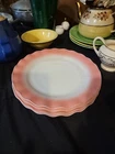 Hazel Atlas Vintage Crinoline Ruffle White and Pink Milk Glass Dinner Plate 9 In
