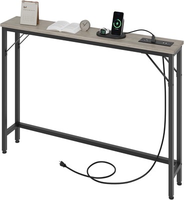 Console Table with Power Outlet 39'' Long Narrow Sofa Entryway Side Table Gray